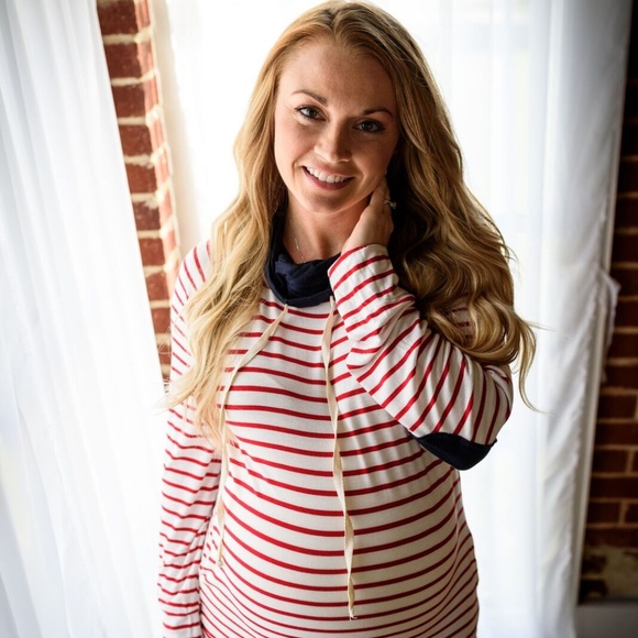 Elbow Patch Stripe Knit Top - Red & Cream - Picture 3 of 3